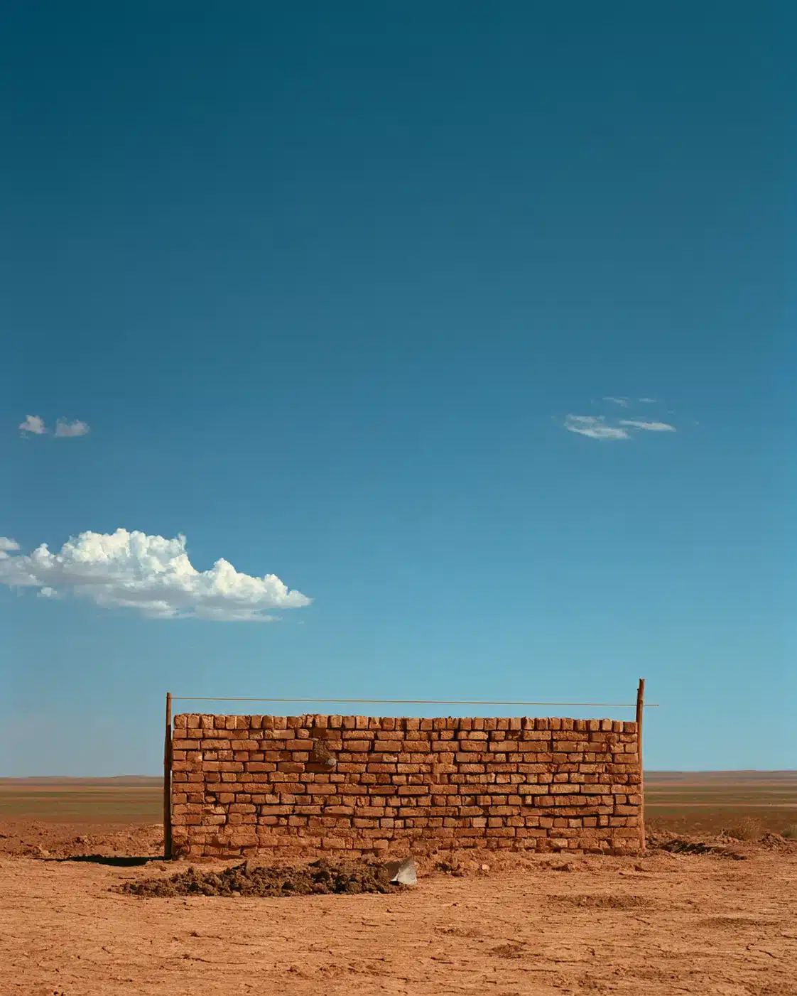 دیواری آجری با ریسمان بنایی بر سر آن، روی زمین خشک و زیر آسمان آبی پهناوری ایستاده است.